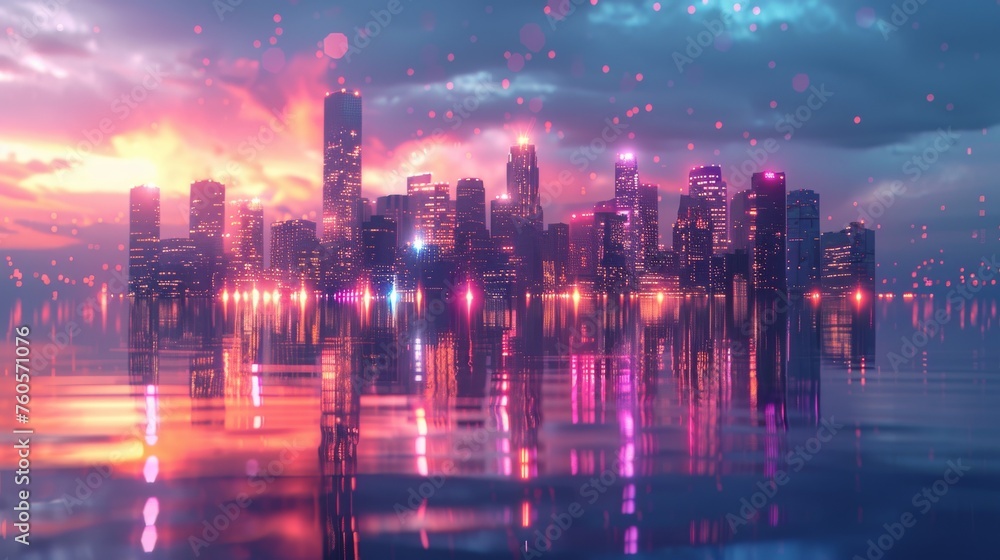 Dramatic, glowing city skyline reflection on serene water under a vibrant sunset sky.