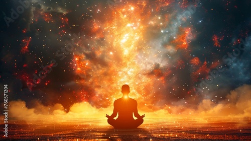 Digital art of a person meditating in a lotus pose with a vibrant cosmic background.