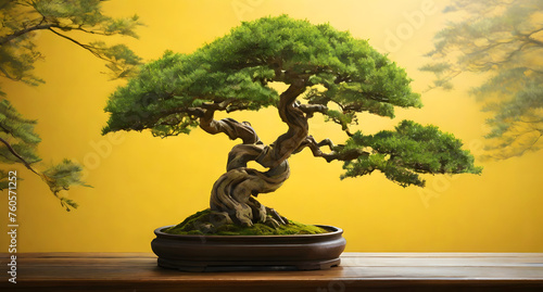 bonsai Tree in a special pot, isolated on a yellow background, banner, copy space, against a yellow wall
