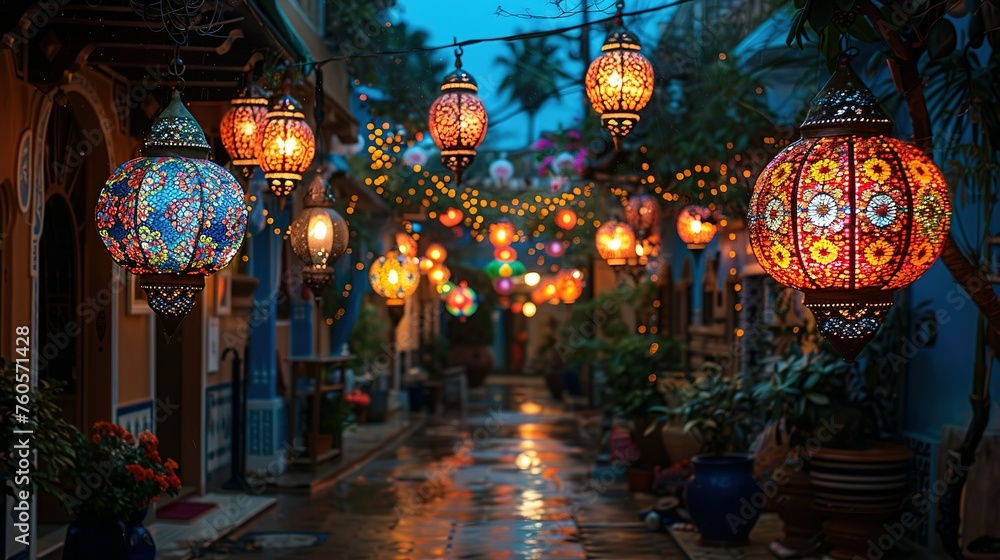 Fototapeta premium Colorful lanterns adorning Middle Eastern street for Ramadan