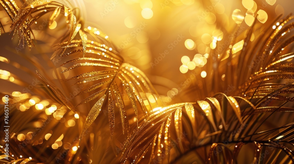 Luxurious background of shiny gold tropical palm leaves and glittering sequins