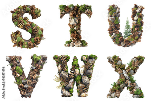 Forest Floor Alphabet: Letters S, T, U, V, W, X  Composed of Pine Cones, Moss, and Pebbles photo