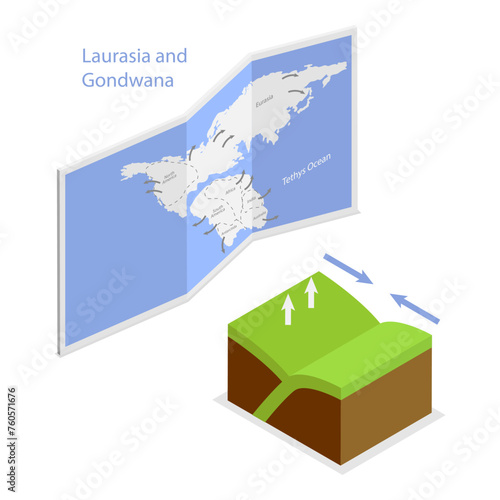3D Isometric Flat Vector Illustration of Continental Drift Chronological Movement, Changes of Earth Map. Item 2