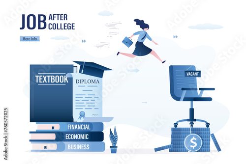 Successful young woman jumps from textbooks to office chair. MBA, education and diploma. Knowledge and graduation for career start. Career ladder, employment after college