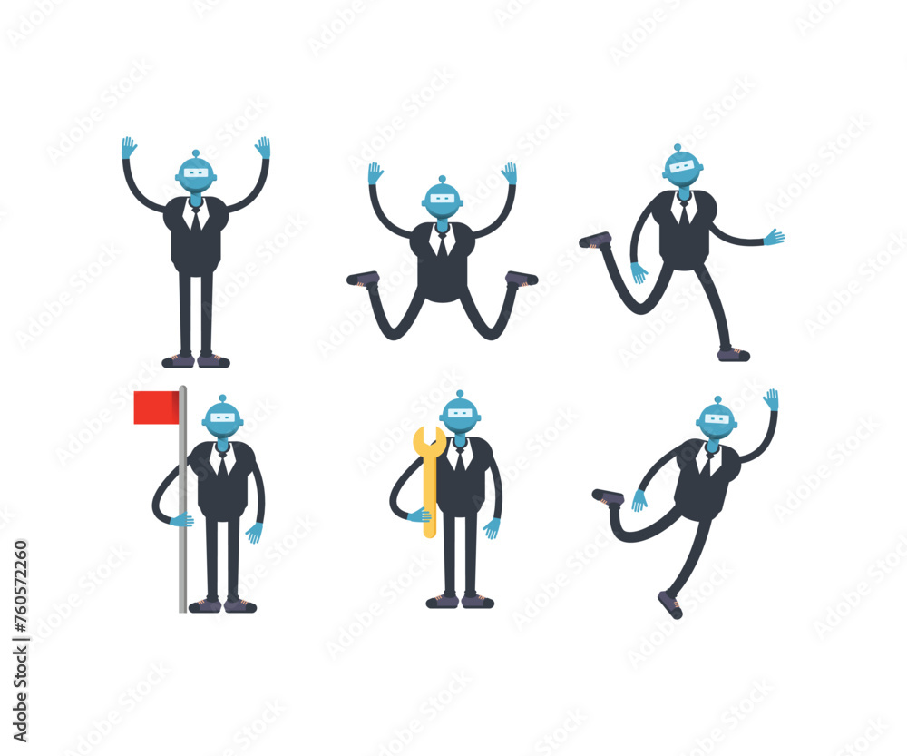 robot worker characters in various poses set vector illustration