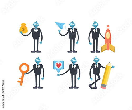 robot worker characters in various poses set vector illustration
