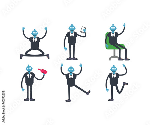 robot worker characters in various poses set vector illustration