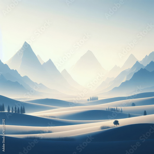 Fantasy epic magic mountain landscape. Mystical winter valley valley , Panoramic view of big mountains .