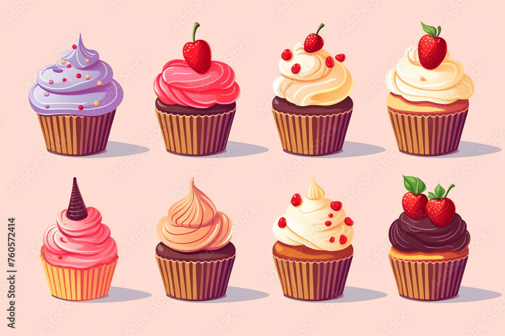 Set of cartoon cupcakes. Homemade desserts. Set of cartoon cupcakes. Homemade desserts.