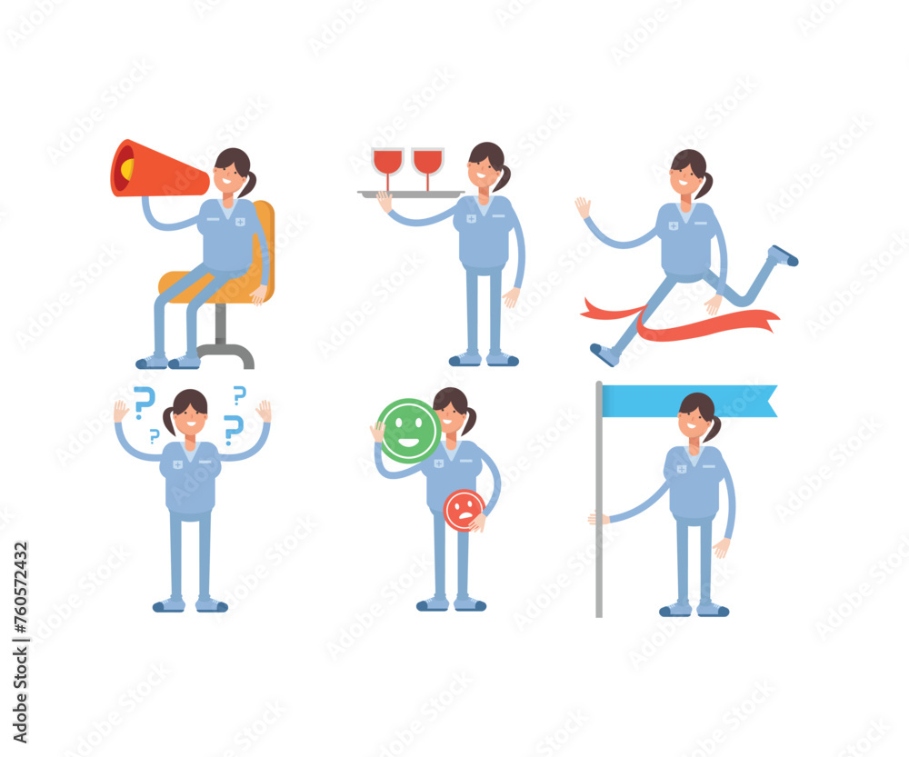 woman nurse characters in various poses icons set vector illustration woman nurse characters in various poses icons set vector illustration