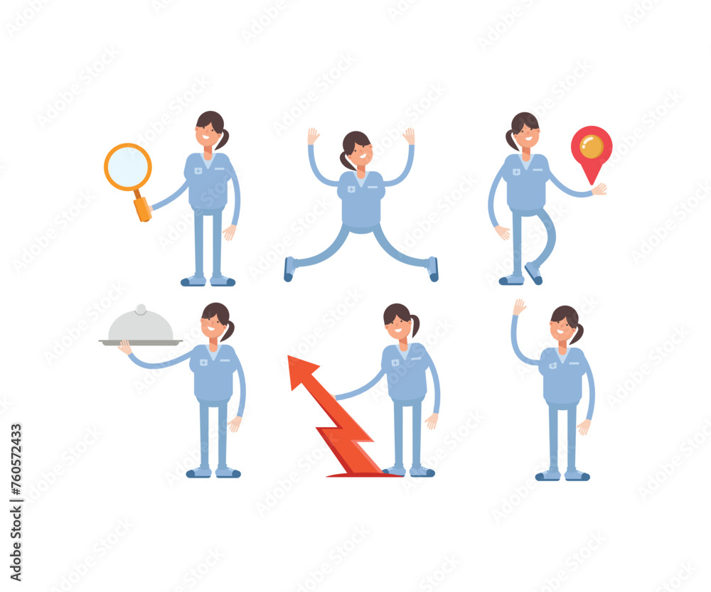 woman nurse characters in various poses icons set vector illustration woman nurse characters in various poses icons set vector illustration