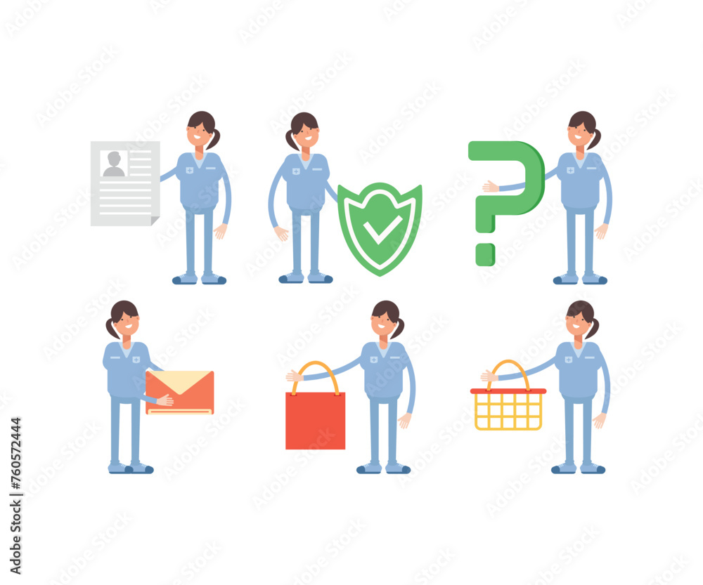woman nurse characters in various poses icons set vector illustration woman nurse characters in various poses icons set vector illustration
