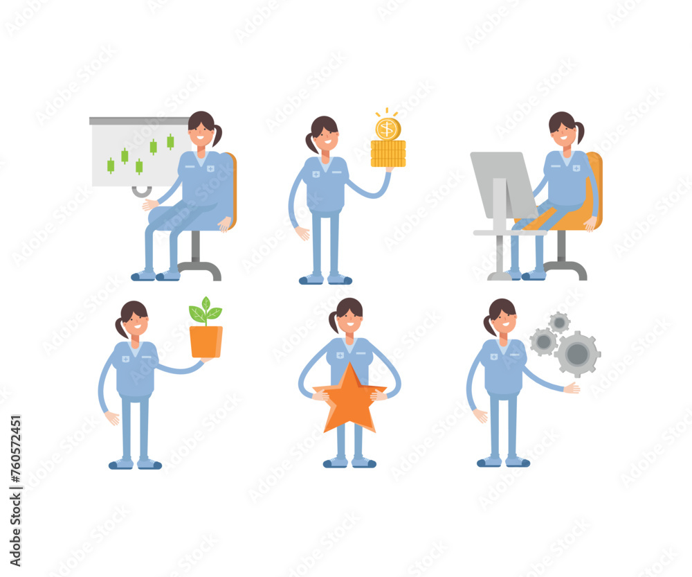 woman nurse characters in various poses icons set vector illustration woman nurse characters in various poses icons set vector illustration