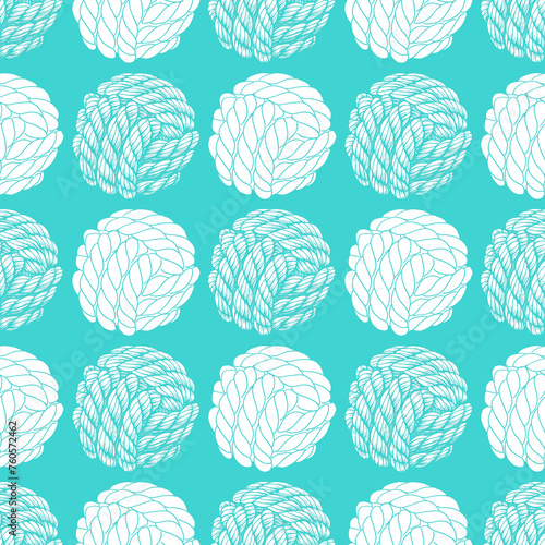 Seamless pattern of knotted ropes cords monkey fist knot ball Nautical thread whipcord with loops and noose, braided, spiral fiber. Illustration graphic hand drawn on blue green background.