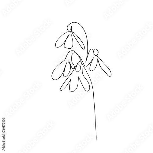 One continuous drawing line. Printed decorative poster with overall snowdrop flower
