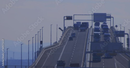 A traffic jam on the highway at Tokyo bay area in Chiba telephoto shot photo