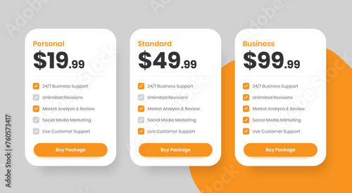 Business service solutions pricing package layout with checkmark icon