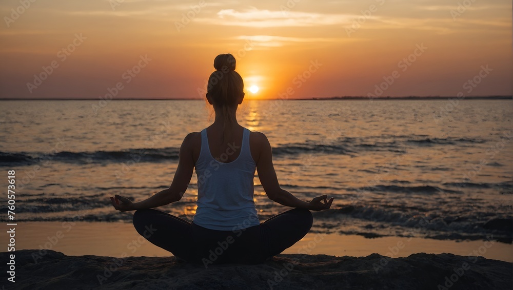 Woman yoga and meditating silhouette on nature sunset.