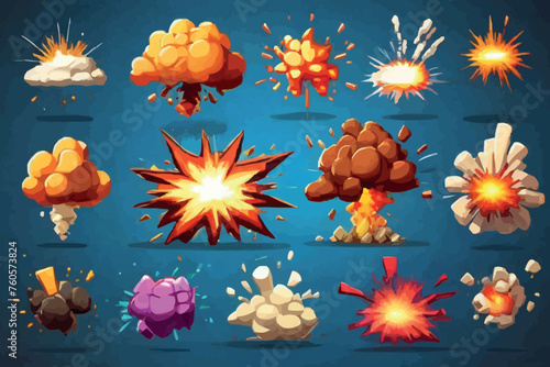Bomb explosion cartoon animation comics strip series with colorful fire bang debris cloud black background vector illustration