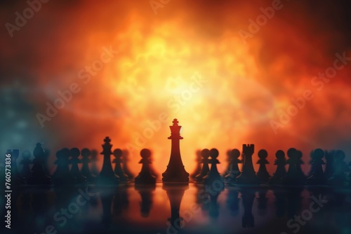 Chess king standing tall among pawns on an abstract background