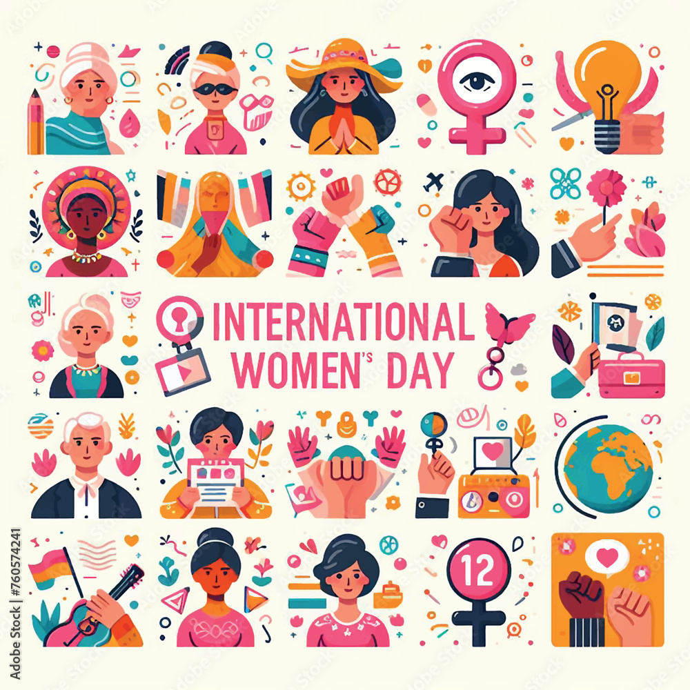 Happy Women's Day greeting card or postcard with floral design and hand lettering Happy Women's Day greeting card or postcard with floral design and hand lettering