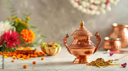 copper kalash with floral decoration, diya, haldi kumkum and sweet pedha,essential in hindu puja, front view photo