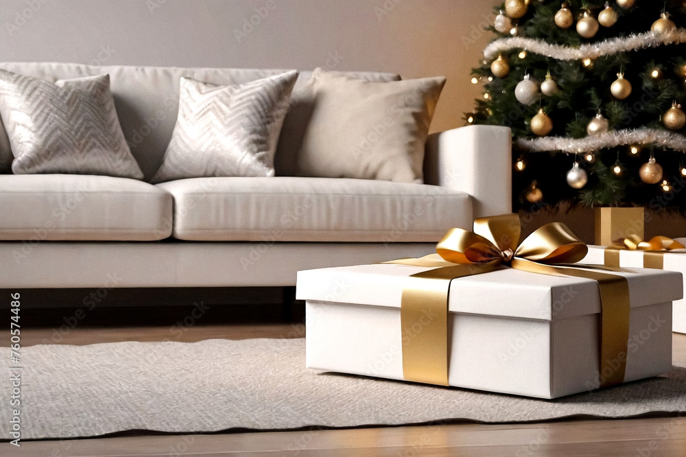 Christmas and new year decor background, white gift box on couch near decorated christmas tree living room at home. Copy space
