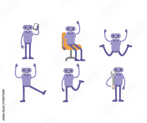 humanoid robot in various poses set vector illustration