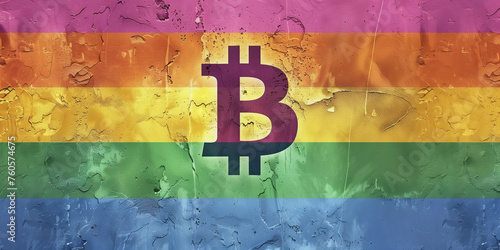 A bold Bitcoin logo against a textured rainbow flag, highlighting inclusivity in the crypto space