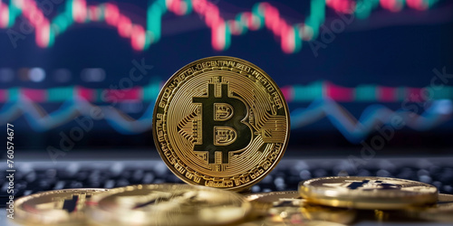 A golden Bitcoin stands proud on a keyboard, with colorful trading charts in soft focus