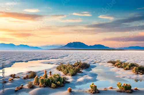Landscape photography of wild nature salt flat with cactuses island, nobody. Scenery view of bolivian natural salt desert wilderness. Landmarks Bolivia concept. Copy ad text space, nature backgrounds