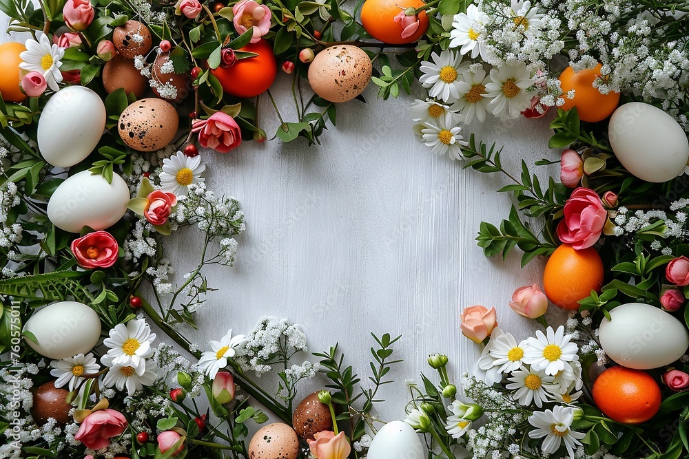 Easter Eggs and Flowers Flat Lay with Central Empty Space

