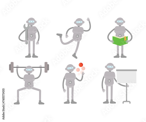 humanoid workers characters in various poses set vector illustration