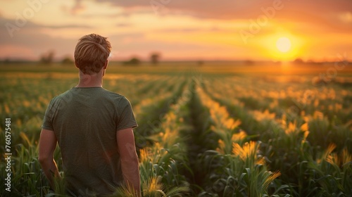Rear View of Man in Agriculture Field at Sunrise