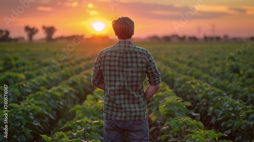 Rear View of Man in Agriculture Field at Sunset