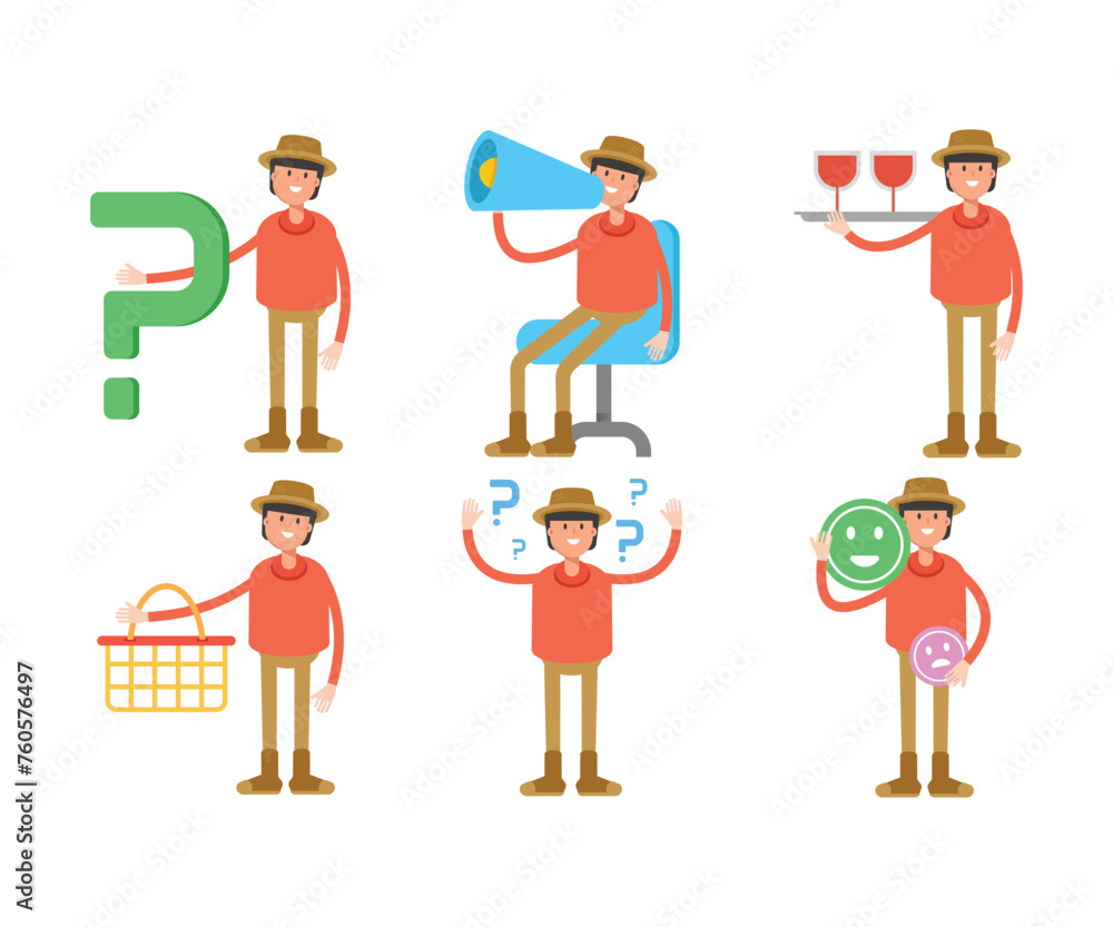 man wearing hat in various poses characters illustration man wearing hat in various poses characters illustration