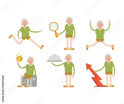 grandma or old woman character in various poses vector illustration
