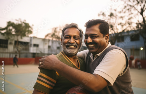 Portrait of an Indian father and son, outdoors at the sports field