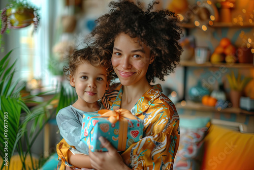 Multiracial mother receiving gift from son on Mother's Day. Generative AI.