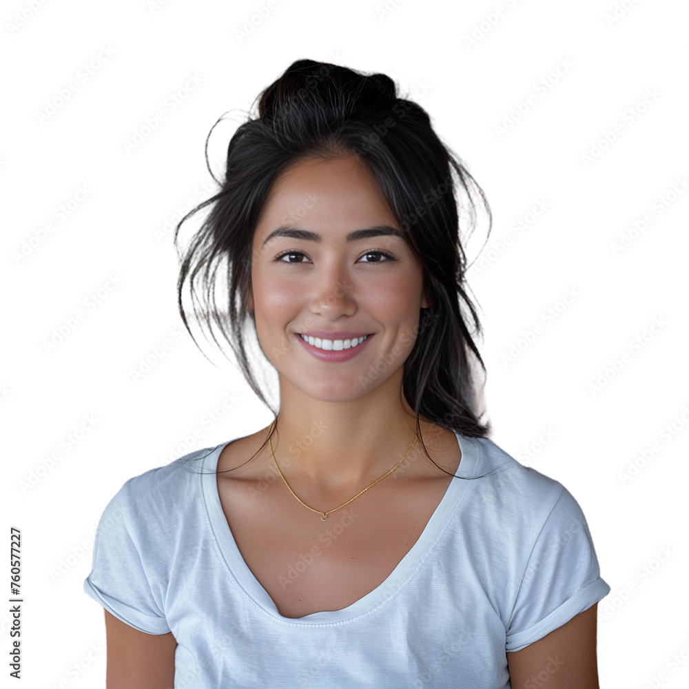 A woman with long hair is smiling and wearing a white shirt. She has a bright and happy expression on her face A woman with long hair is smiling and wearing a white shirt. She has a bright and happy expression on her face