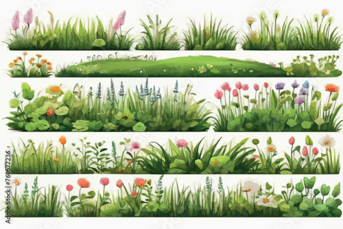 Green Grass flat icon set. Wild meadow herbs, flowers isolated on white background, Leaf borders, flower elements, nature background vector illustration. Green land concept for template design
