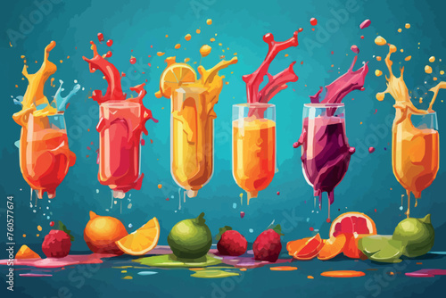 mixed fruit falling into juices splashing on white background