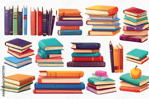 Book stack and single, closed and open in cartoon vector illustration set. Tall and small pile of literature with paper pages, colorful hardcover and bookmarks for education and reading concept.
