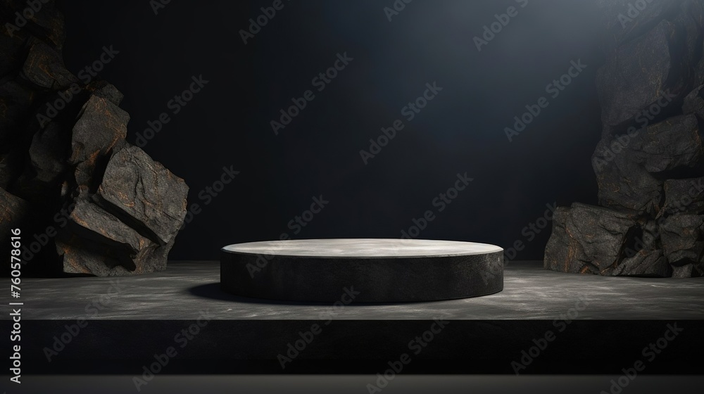 a podium for the demonstration of products with a pedestal made of black stone. Minimalistic showcase made of natural stone a podium for the demonstration of products with a pedestal made of black stone. Minimalistic showcase made of natural stone
