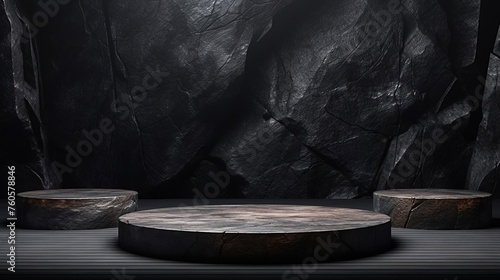 a podium for the demonstration of products with a pedestal made of black stone. Minimalistic showcase made of natural stone
