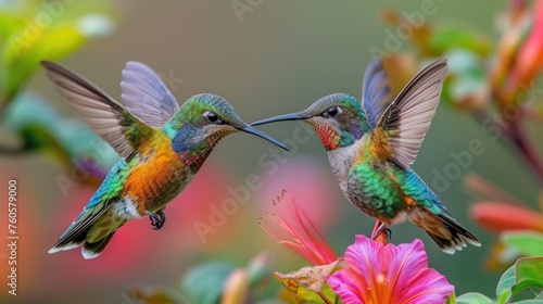 Two hummingbird bird with pink flower