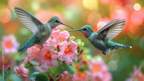 Two hummingbird bird with pink flower