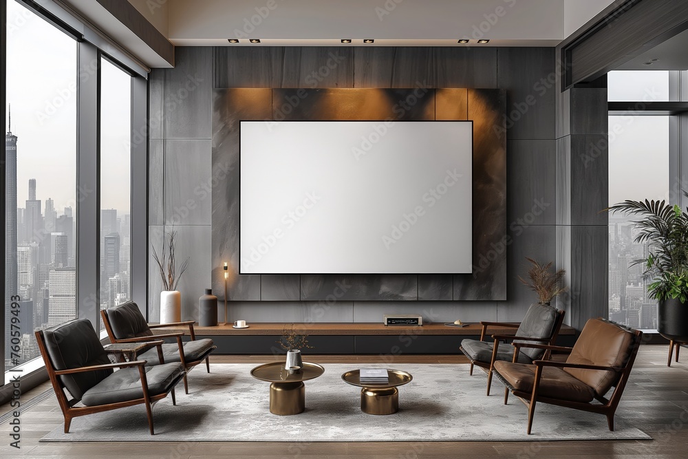 Sophisticated lounge area in high-rise apartment with stylish leather chairs, an expansive view of the city skyline through floor-to-ceiling windows, and an elegant, large blank canvas adorning wall. Sophisticated lounge area in high-rise apartment with stylish leather chairs, an expansive view of the city skyline through floor-to-ceiling windows, and an elegant, large blank canvas adorning wall.