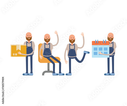 bald man barista character in various poses vector illustration