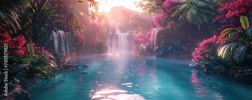 a tranquil oasis in the vast AI-created universe, glowing with neon lights and virtual flora, casting a mesmerizing reflection on the serene waters